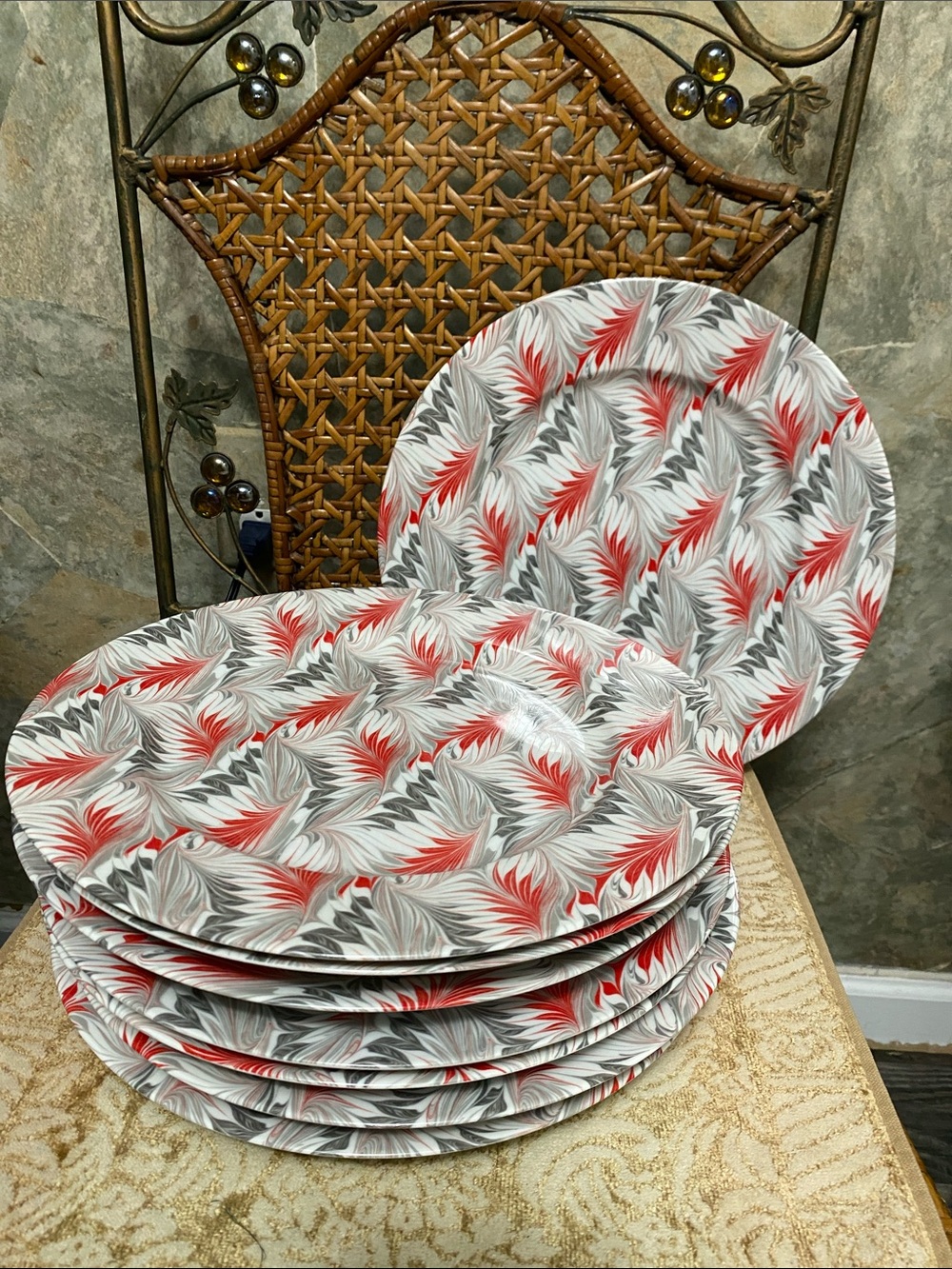 Fitz & Floyd Red Gray & White Swirl feathered Porcelain Dinner Plates 1 of 8